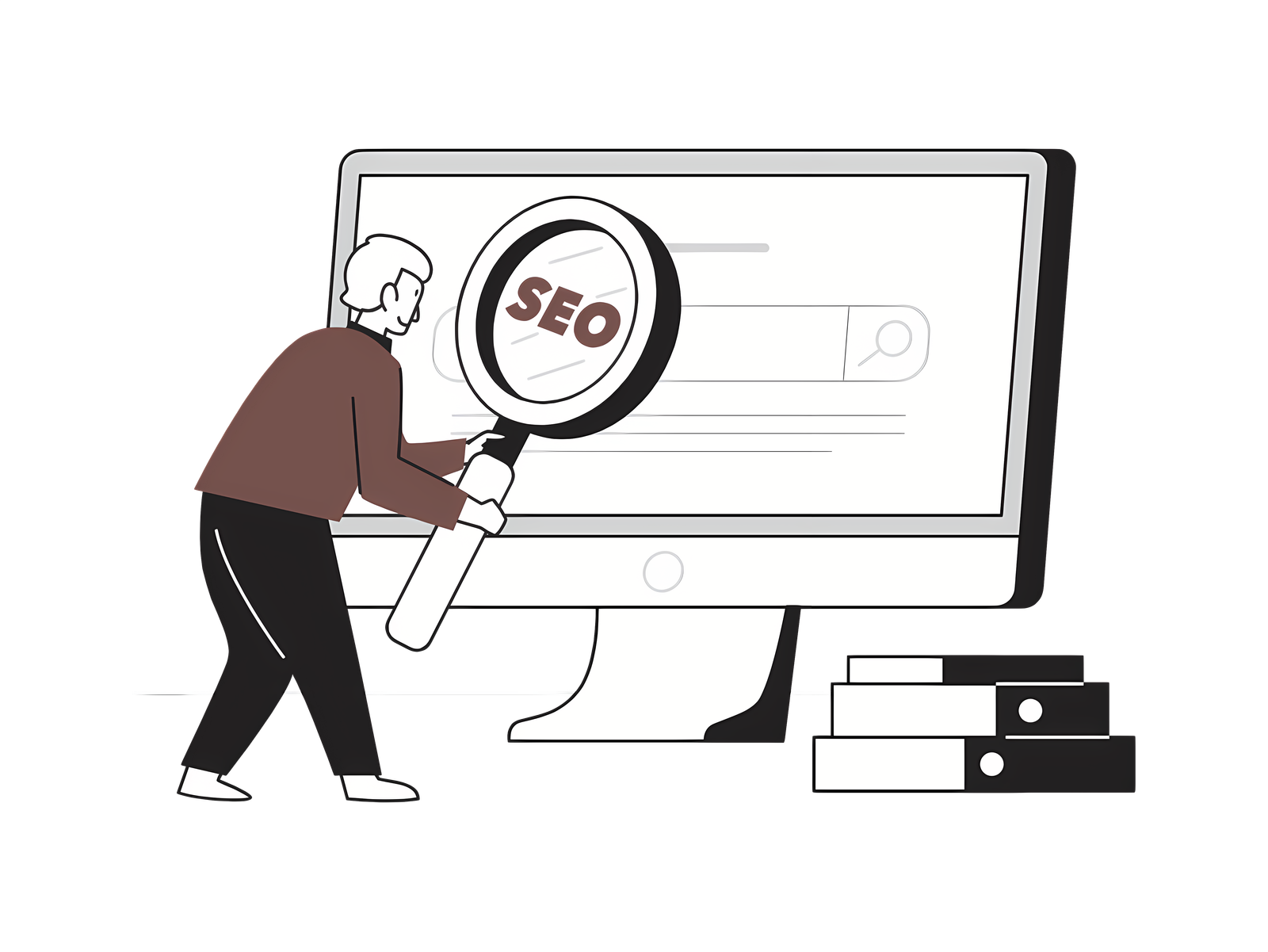 c7b6dd28aef6092f6f07796f2b5ce12a Un homme qui regarde le mot SEO avec une loupe, illustrant un service de SEO pour site WordPress.
